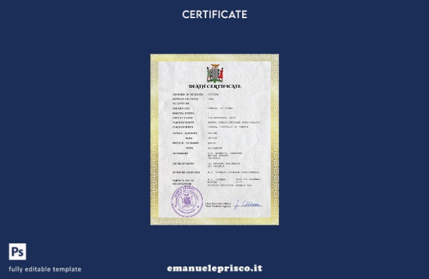 Modello PSD del certificato di morte dei documenti di stato civile dello Zambia 